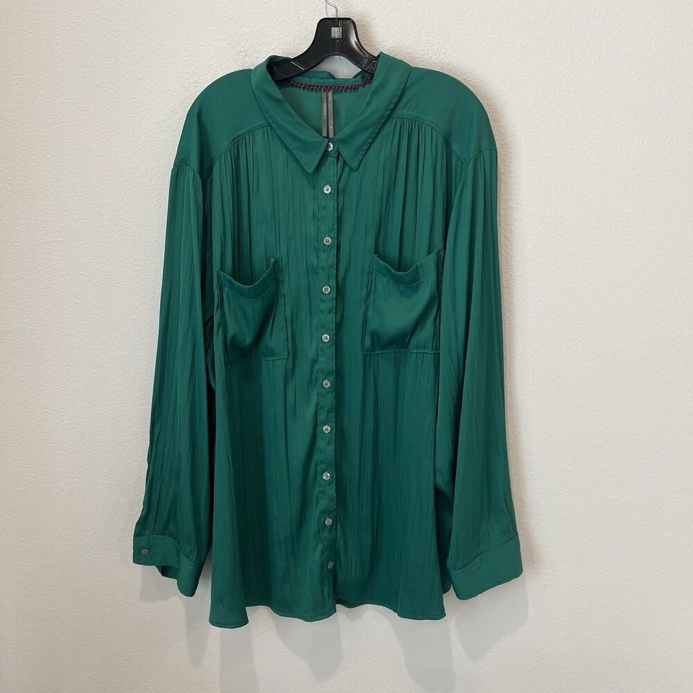 By Anthropologie Green Button Up Shirt Size 3XL Pockets Slouchy Career Party